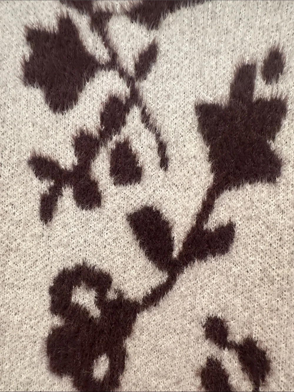LOFT Cream Fuzzy Crewneck Sweater with Brown Floral Motif size XS